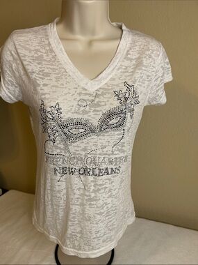 Classic White V-Neck Tee with Rhinestone New Orleans Mardi Gras Masquerade Mask